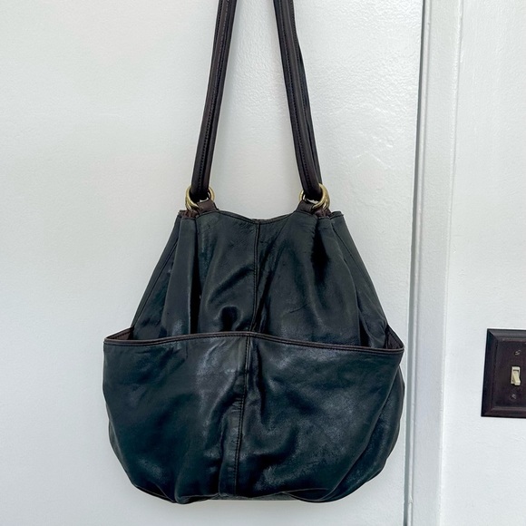 Kooba Black Leather Hobo Slouch Bag GUC Brass Rings Drawstring BIG! - Picture 7 of 15